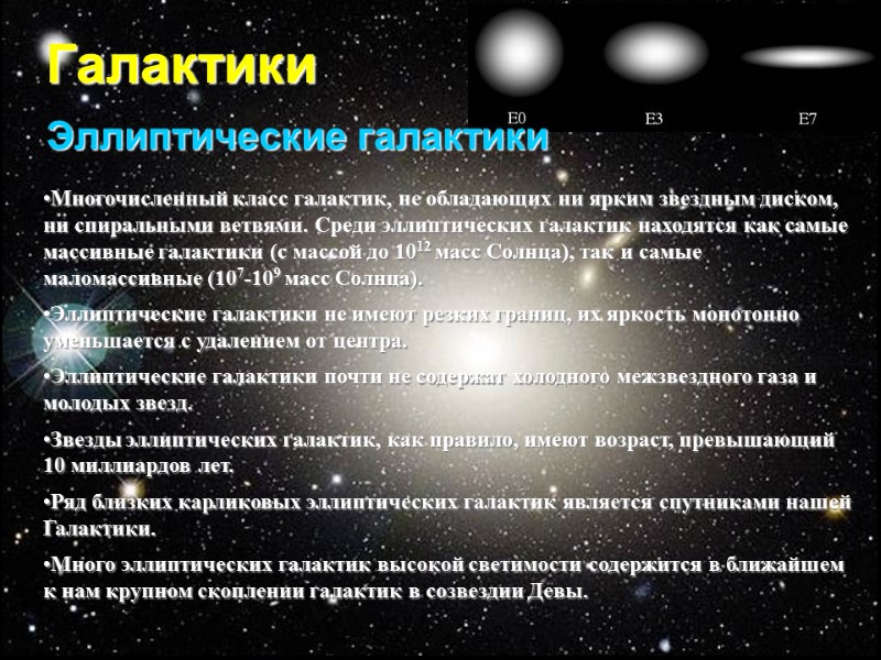 Галактики Эллиптические галактики Многочисленный класс галактик, не обладающих ни ярким звездным диском, ни спиральными